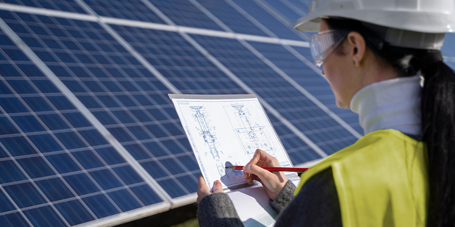 Operaria evaluando la instalación de paneles fotovoltaicos para implementar energía renovable en el suministro